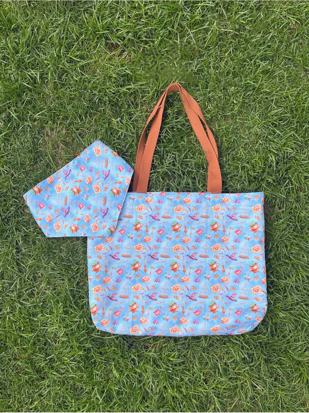 Blue Patterned Tote Bag with Brown Straps
